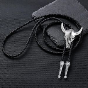 Silver & Black Steerhead Skull Western Artsy Bolo Tie Necklace Gift Southwestern